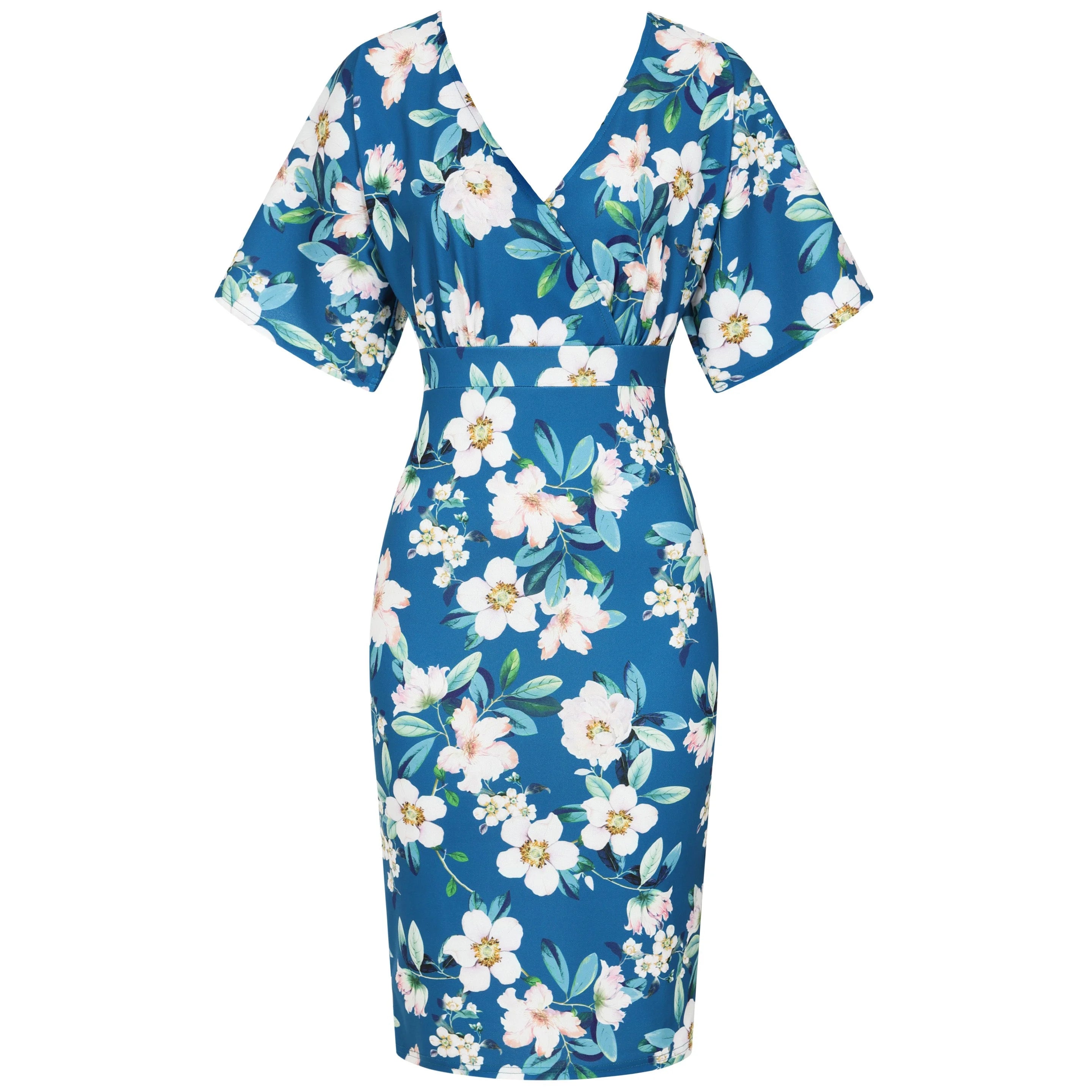 Teal Floral Half Batwing Sleeve Crossover Top Pencil Dress