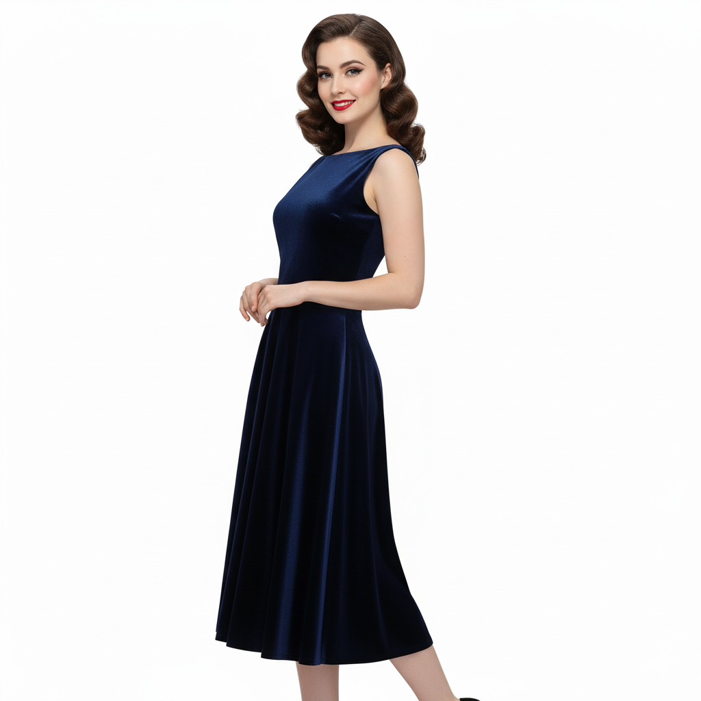 Navy Blue Velour Audrey Style 50s Swing Dress