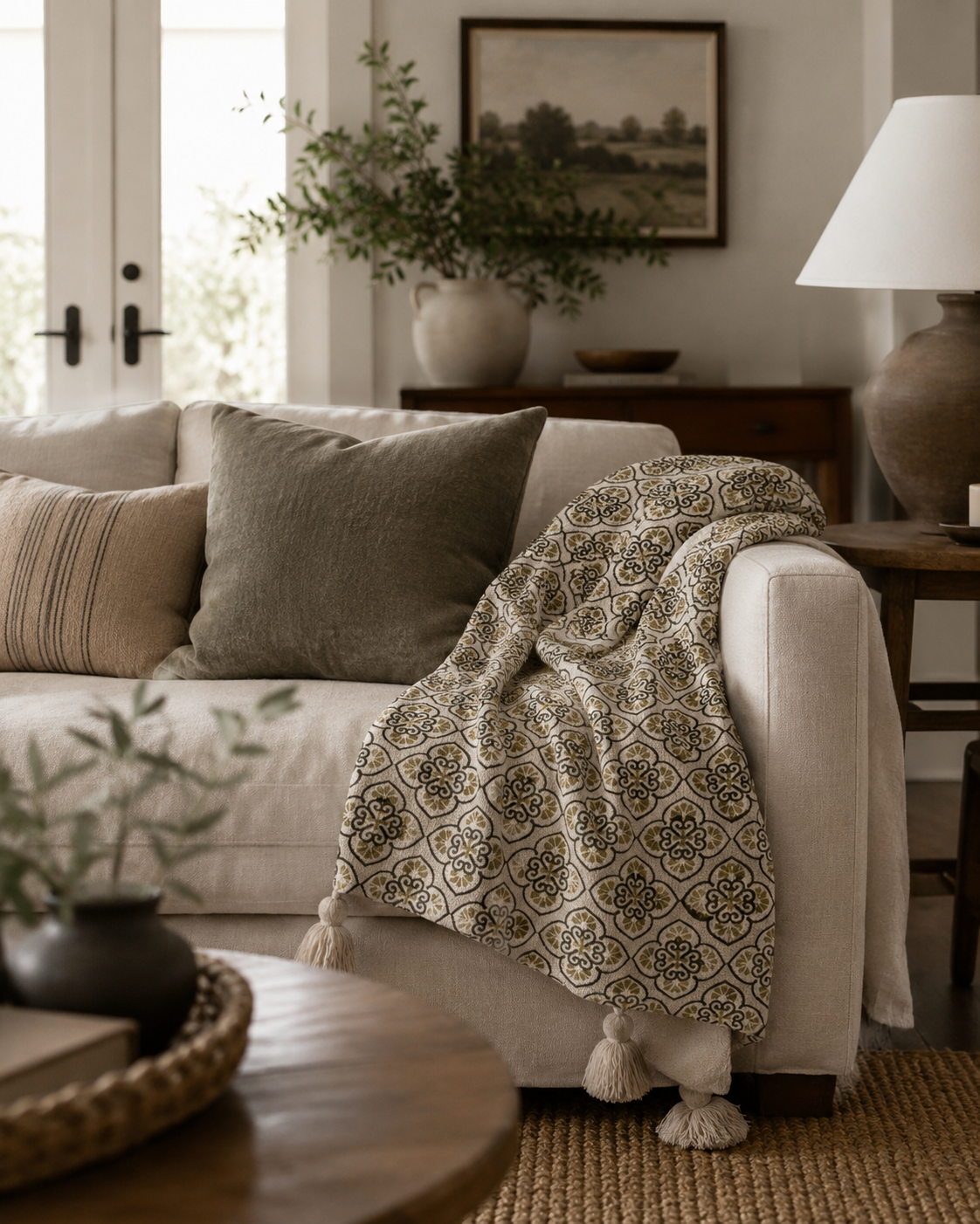 Olive & Cream Patterned Tassel Throw