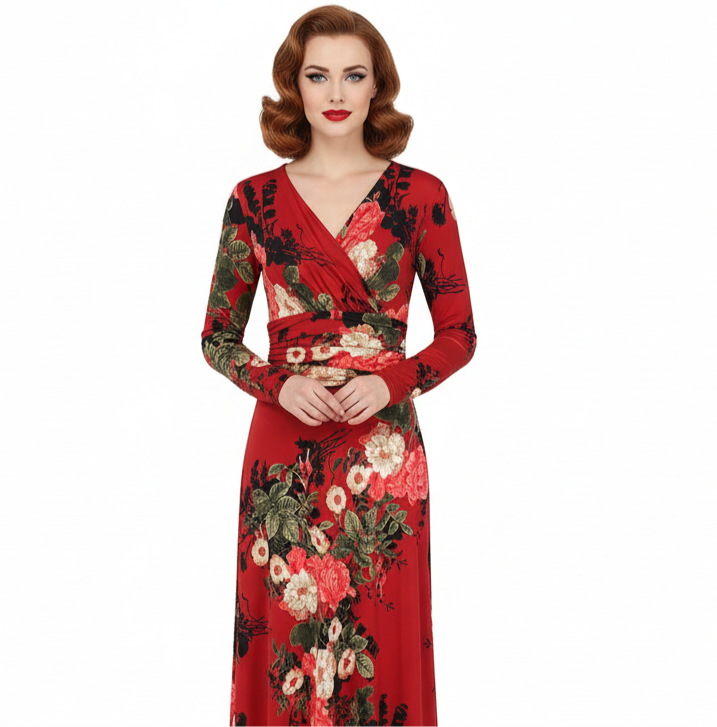 Wine Red Floral Long Sleeve Maxi Dress