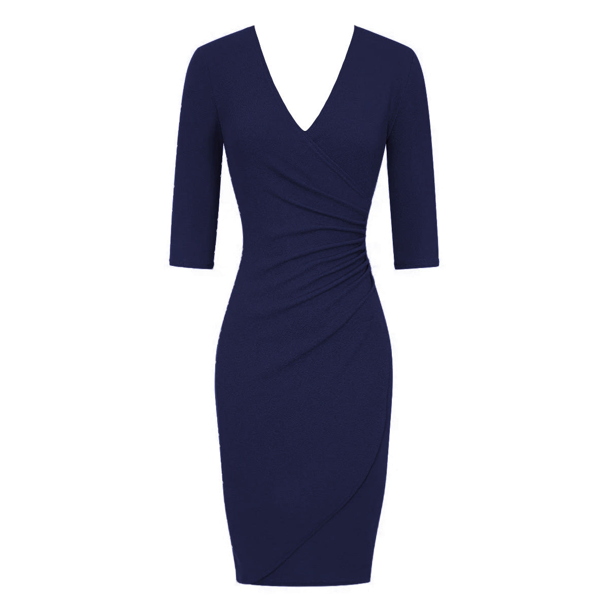 Navy 3/4 Sleeve Deep V Neck Ruched Detail Wrap Effect Pencil Dress