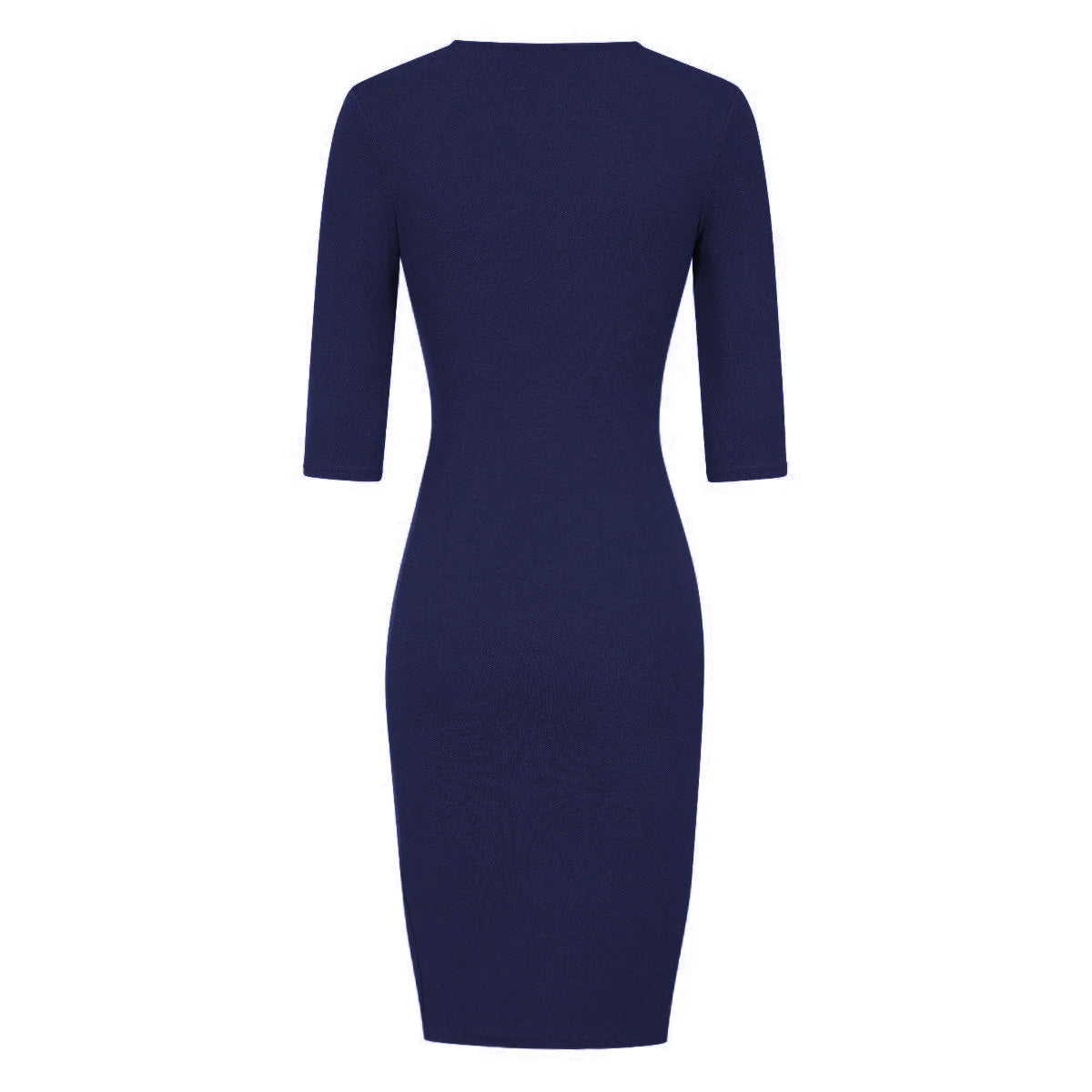 Navy 3/4 Sleeve Deep V Neck Ruched Detail Wrap Effect Pencil Dress