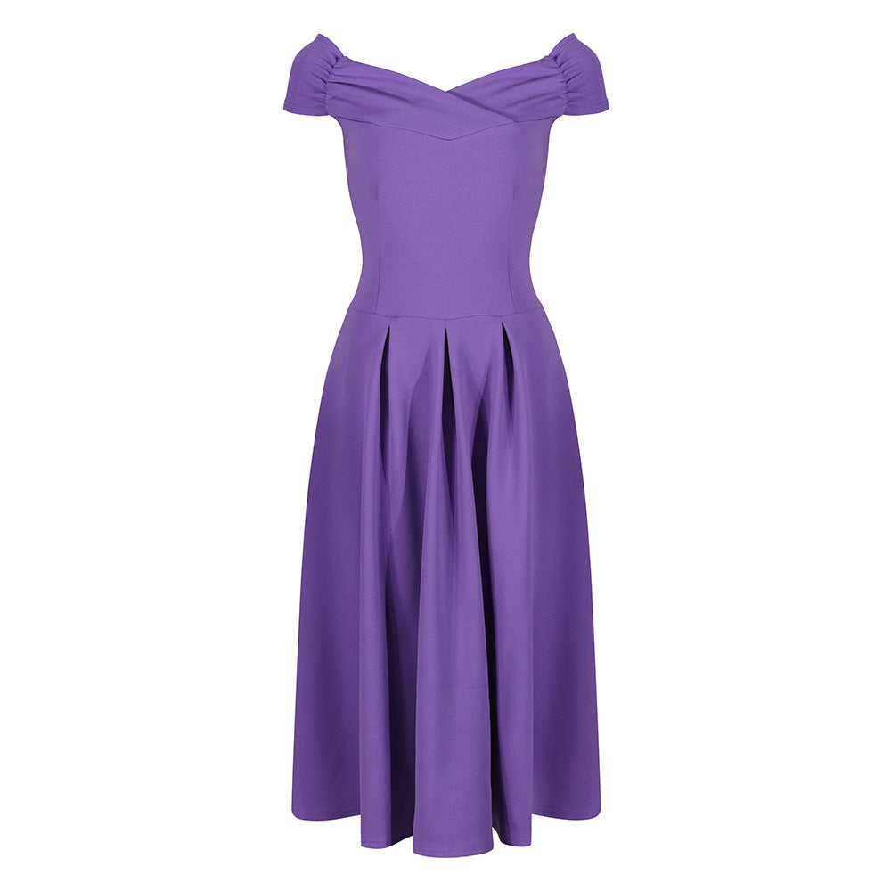 Lilac Purple Crossover Bust Cap Sleeve Bardot Style 50s Swing Dress