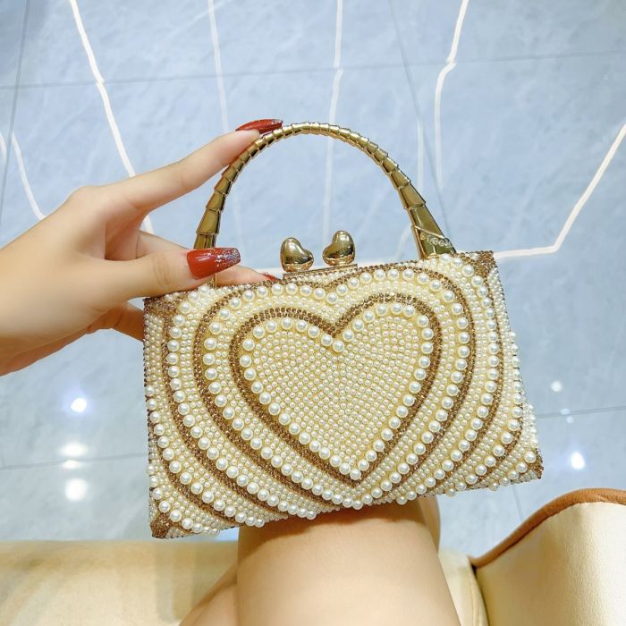 Pearl & Gold Heart Evening Clutch Handbag