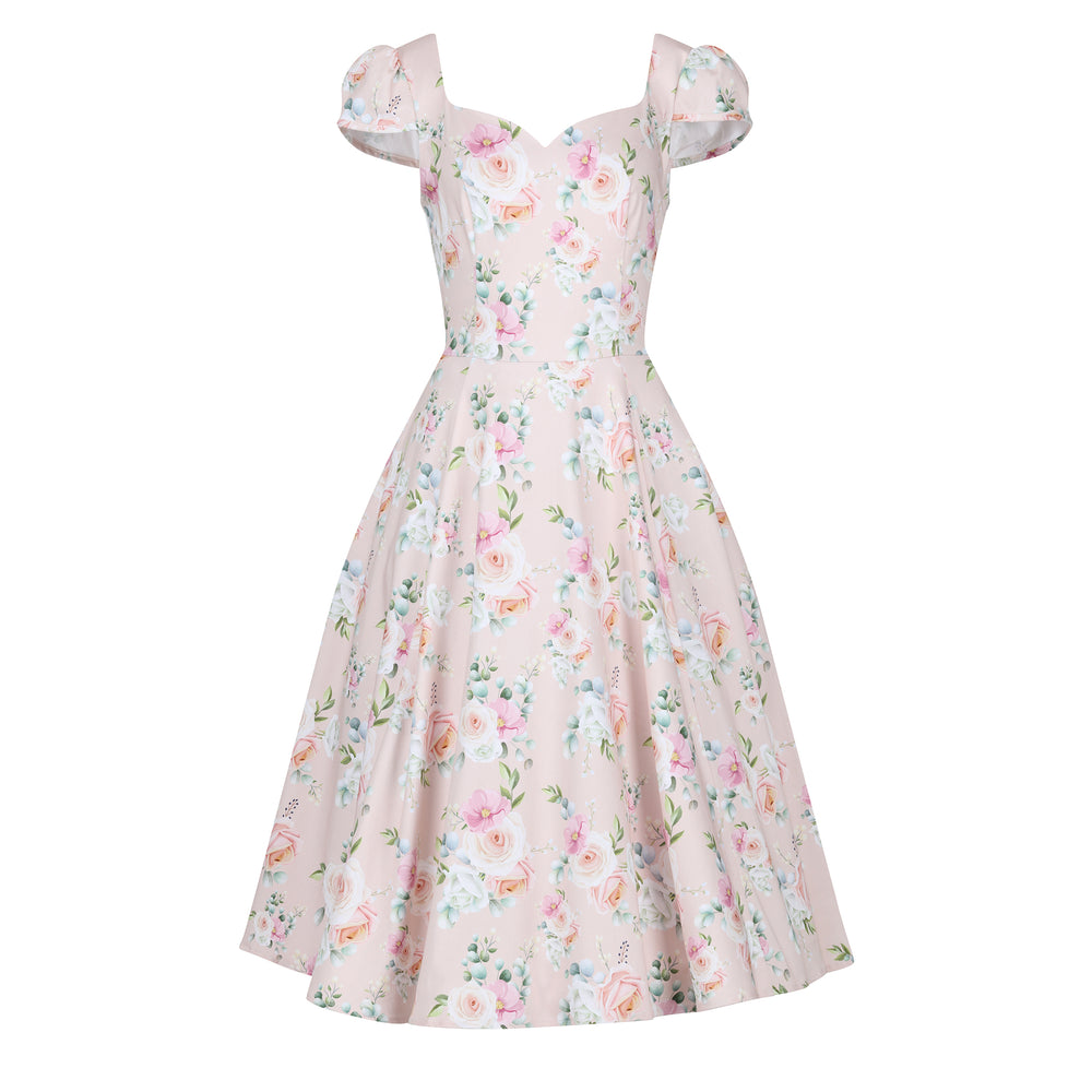Pale Pink and Floral Print Rockabilly 50s Swing Dress