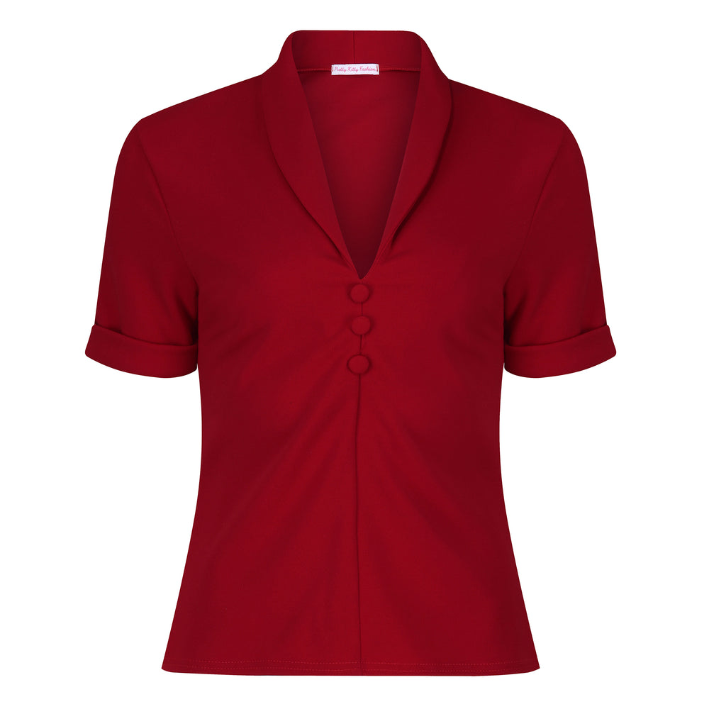 Red Button-down Short Sleeve Blouse with V-neck Collar