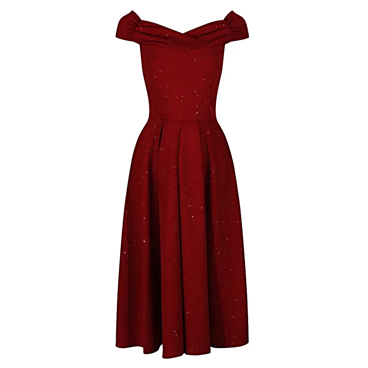 Wine Red Sparkly Glitter Crossover Bust Bardot Style 50s Swing Dress