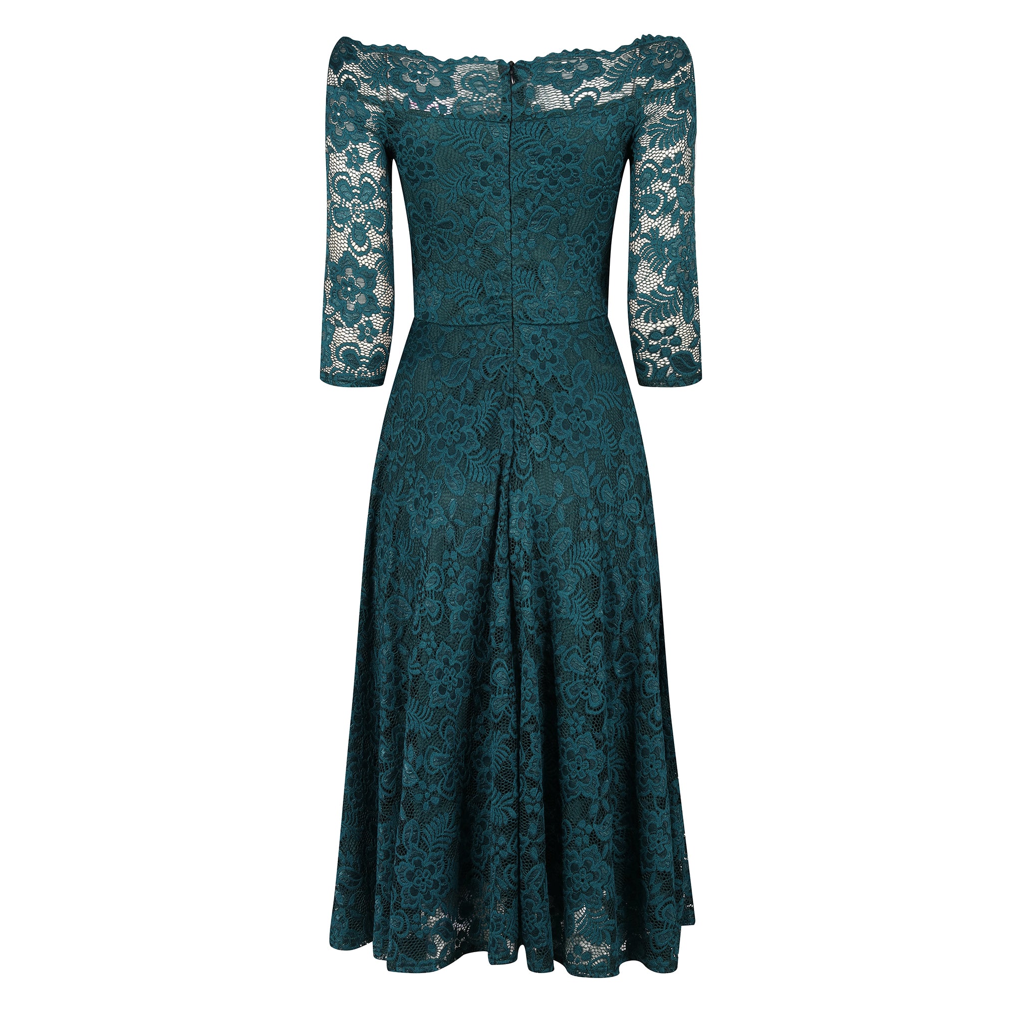 Emerald Green Lace Vintage Style Swing Dress With 3/4 Sleeves & Boat Neck