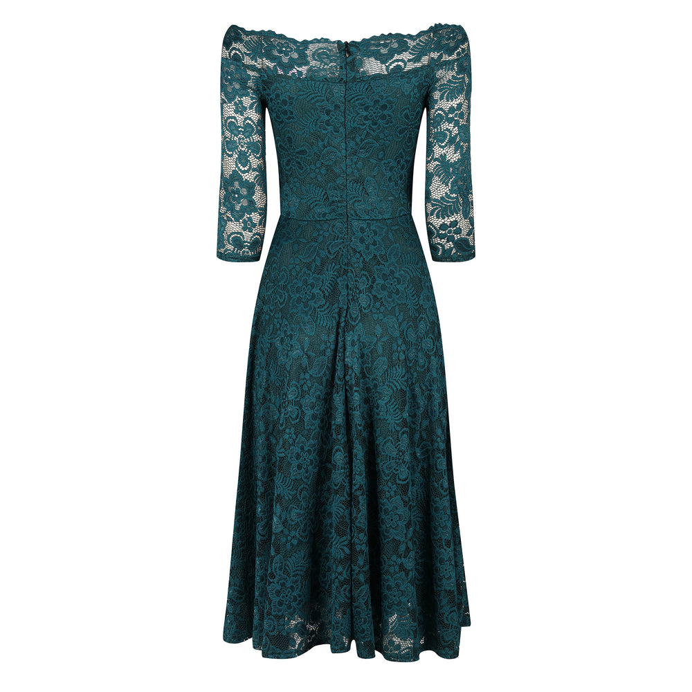 Emerald Green Lace Vintage Style Swing Dress With 3/4 Sleeves & Boat Neck