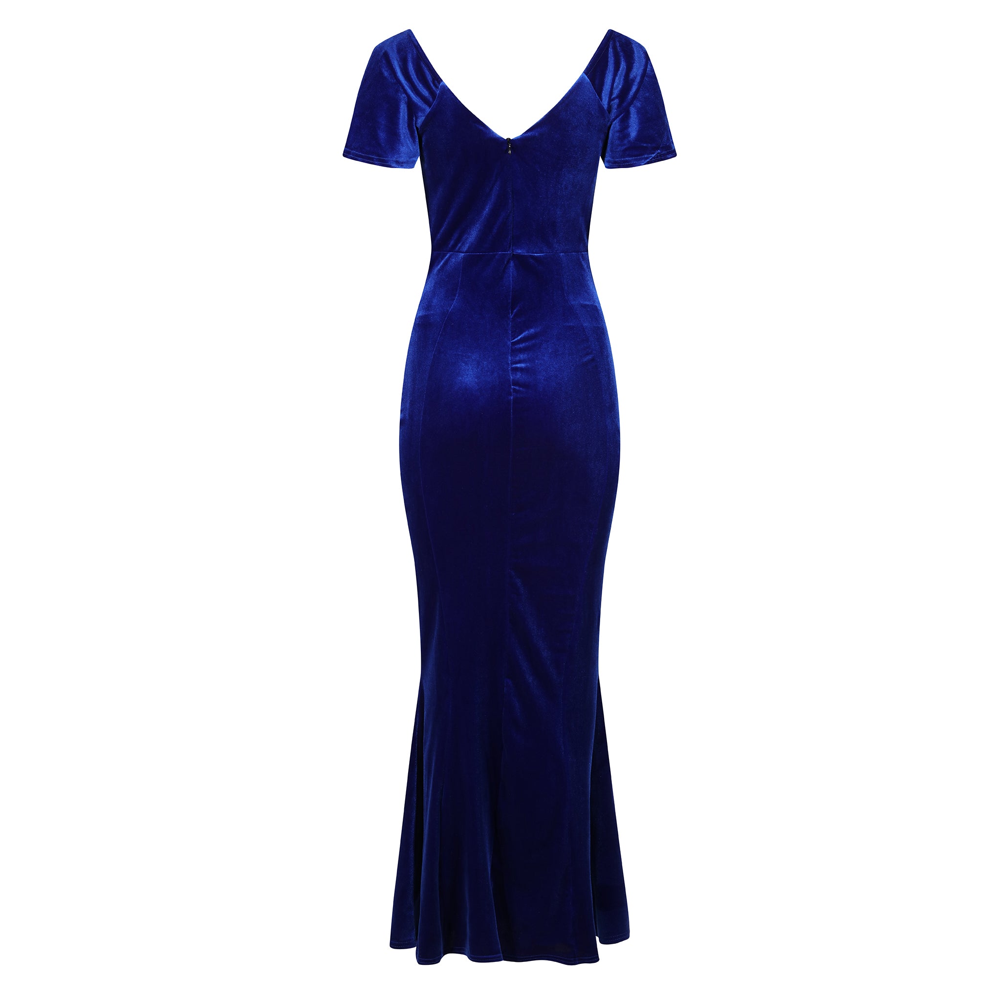 Cobalt Blue V Neck Velour Maxi Dress w/ Fishtail Hem & Waterfall Sleeves