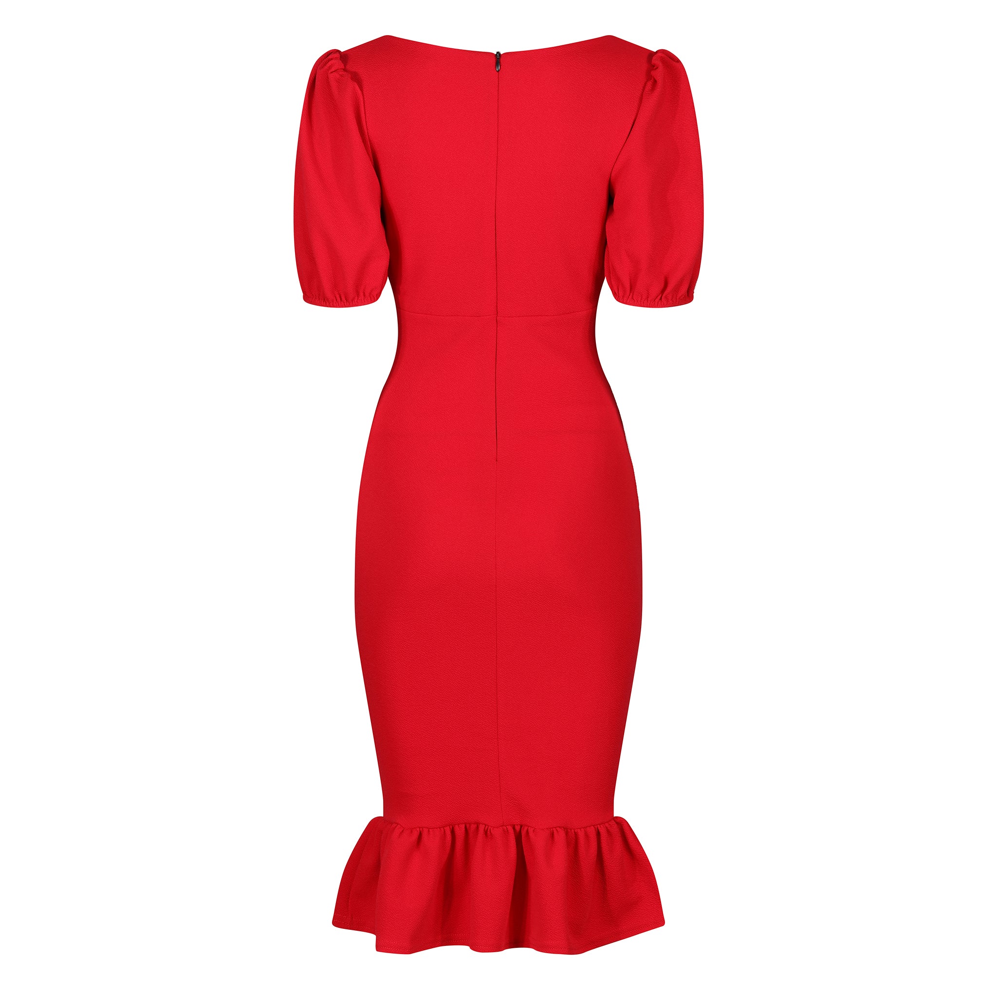 Red Puff Sleeve Square Neckline Ruched Peplum Wiggle Pencil Dress