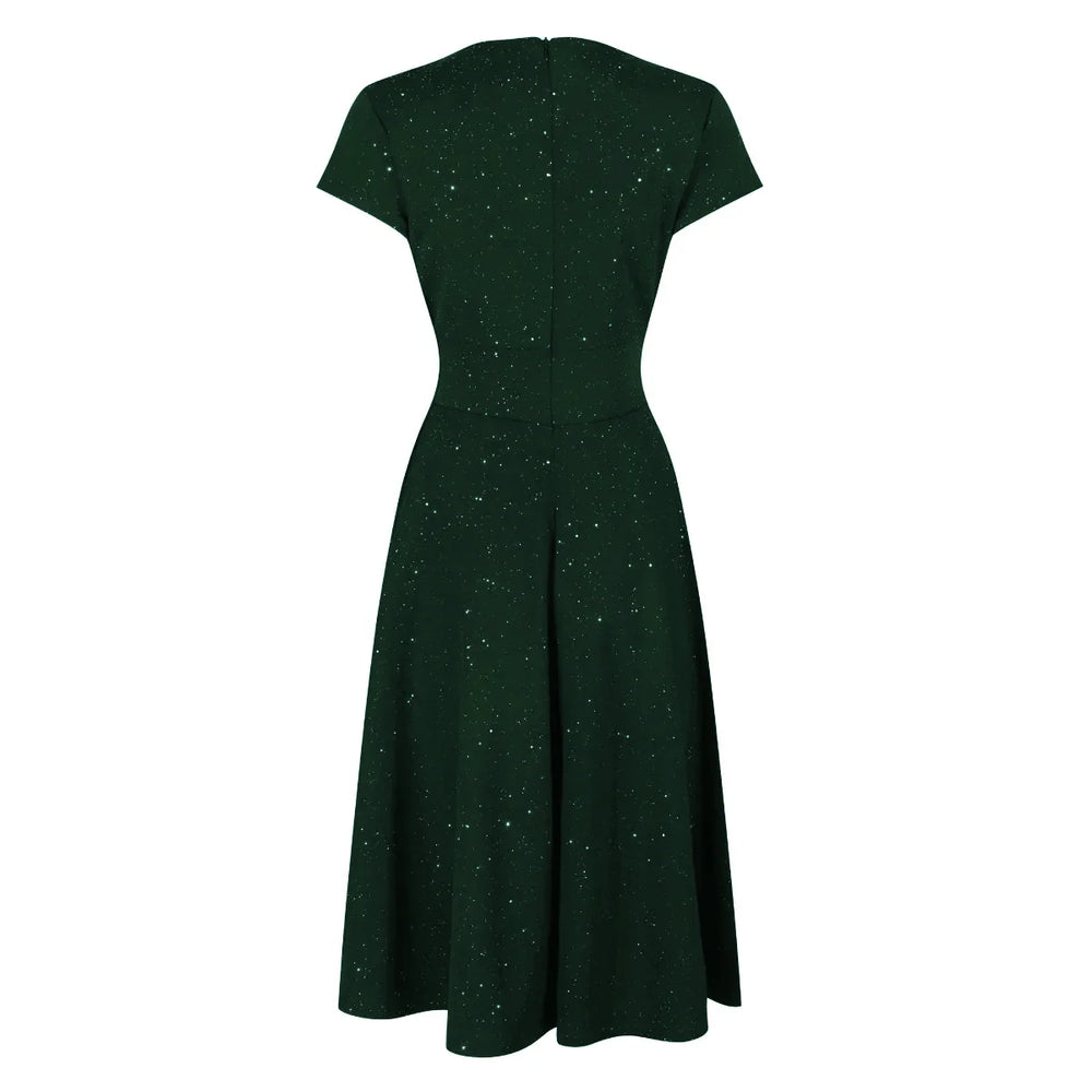 Forest Green Sparkly Glitter A Line Crossover Top Capped Sleeve Tea Swing Dress