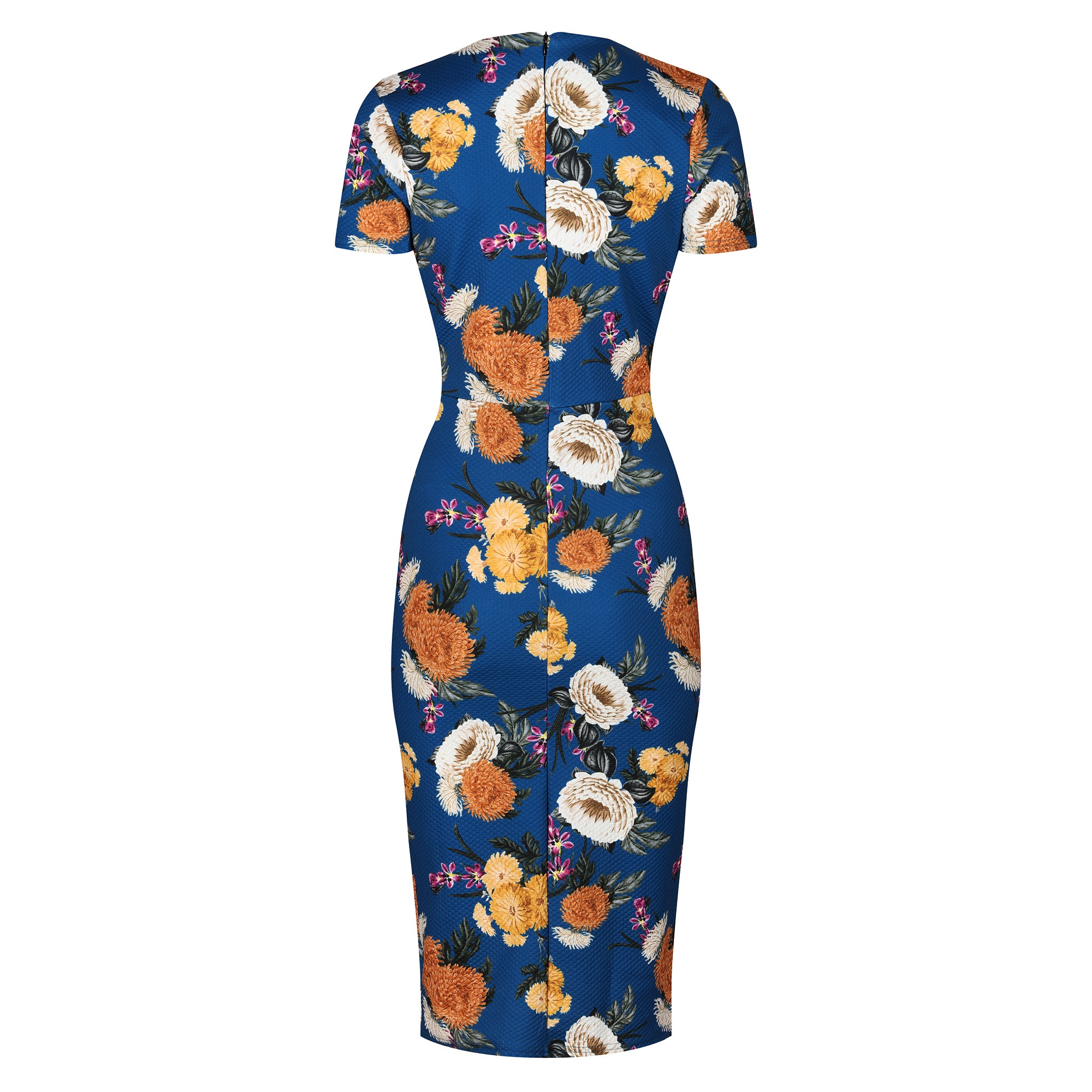 Blue Floral Print Jacquard Pencil Dress With Cap Sleeves & Empire Waist