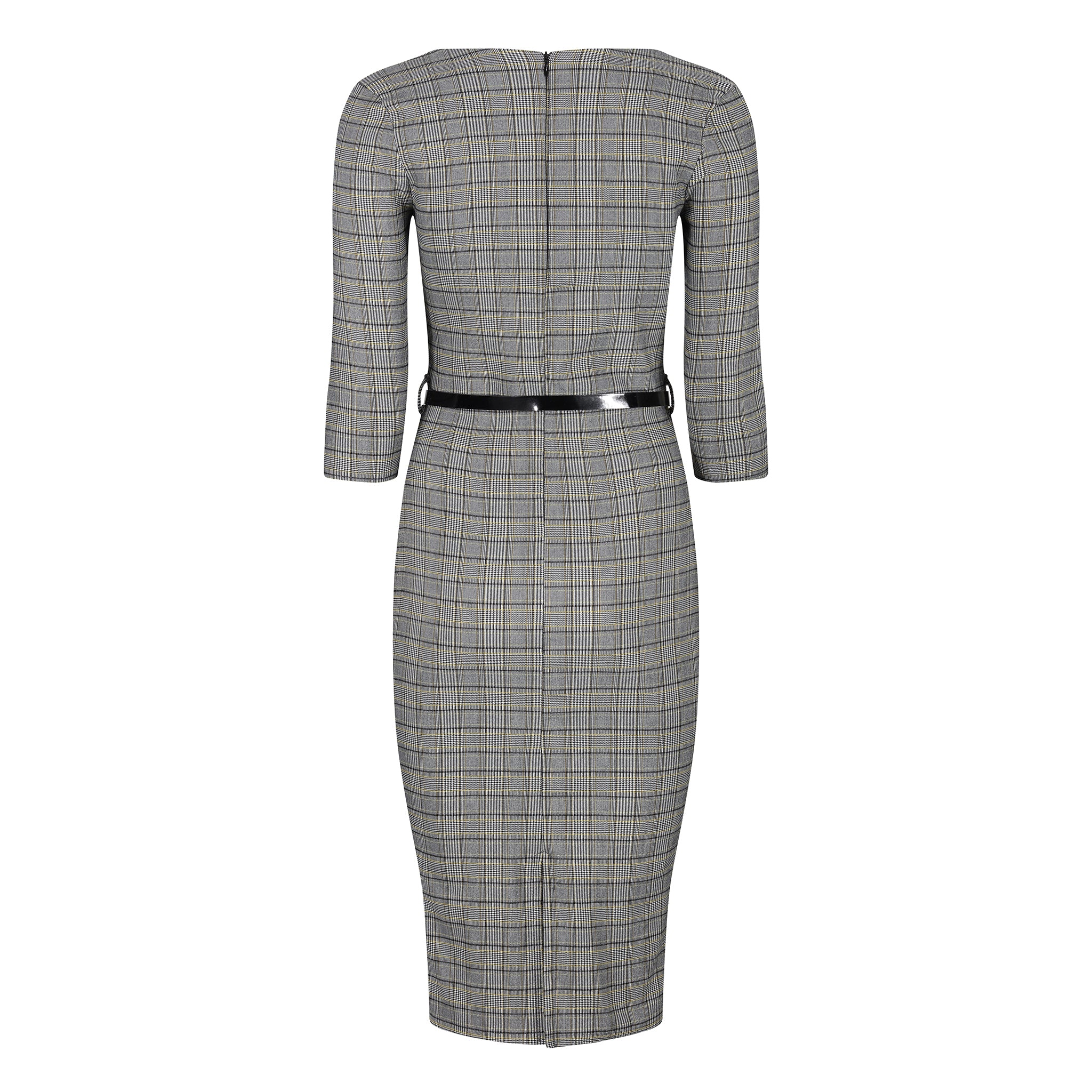 Black White Check Tartan Vintage Belted 3 4 Sleeve Pencil Dress Pretty Kitty Fashion