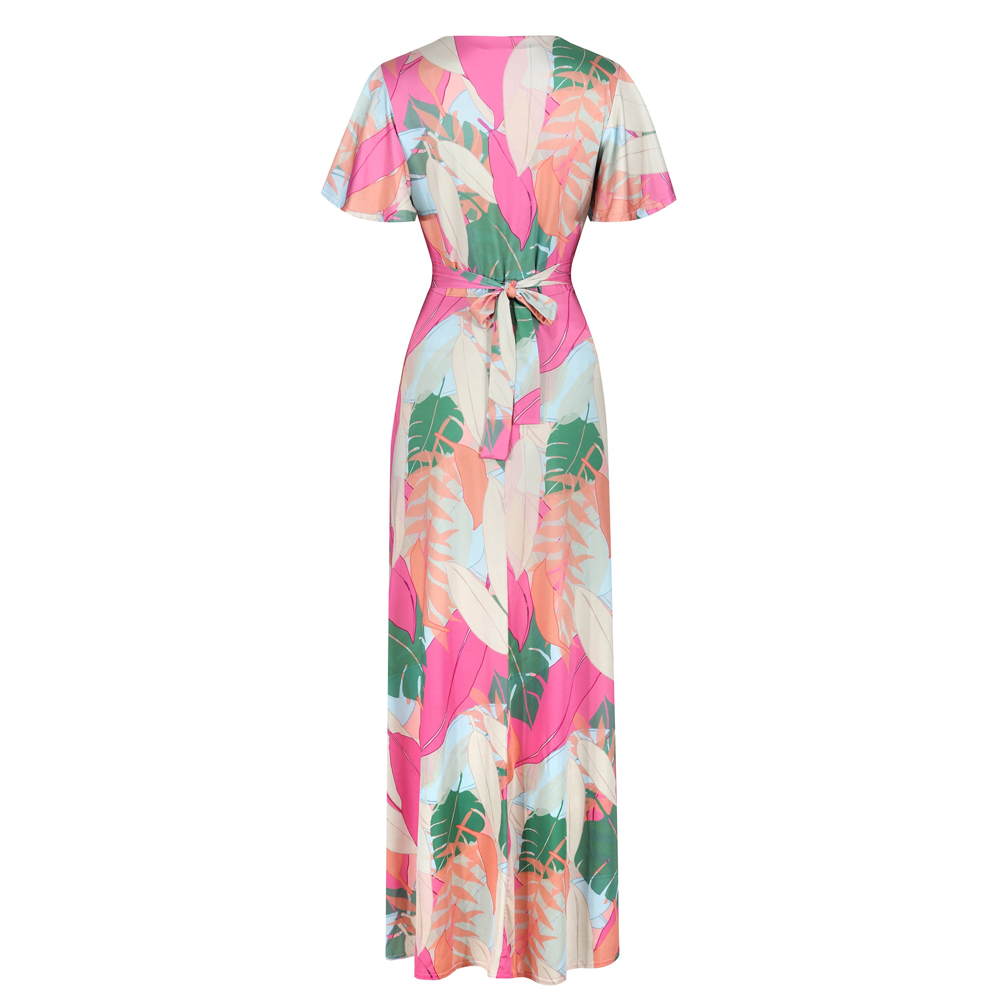 Summer Pastel Leaves Print Waterfall Sleeve Wrapover Maxi Dress