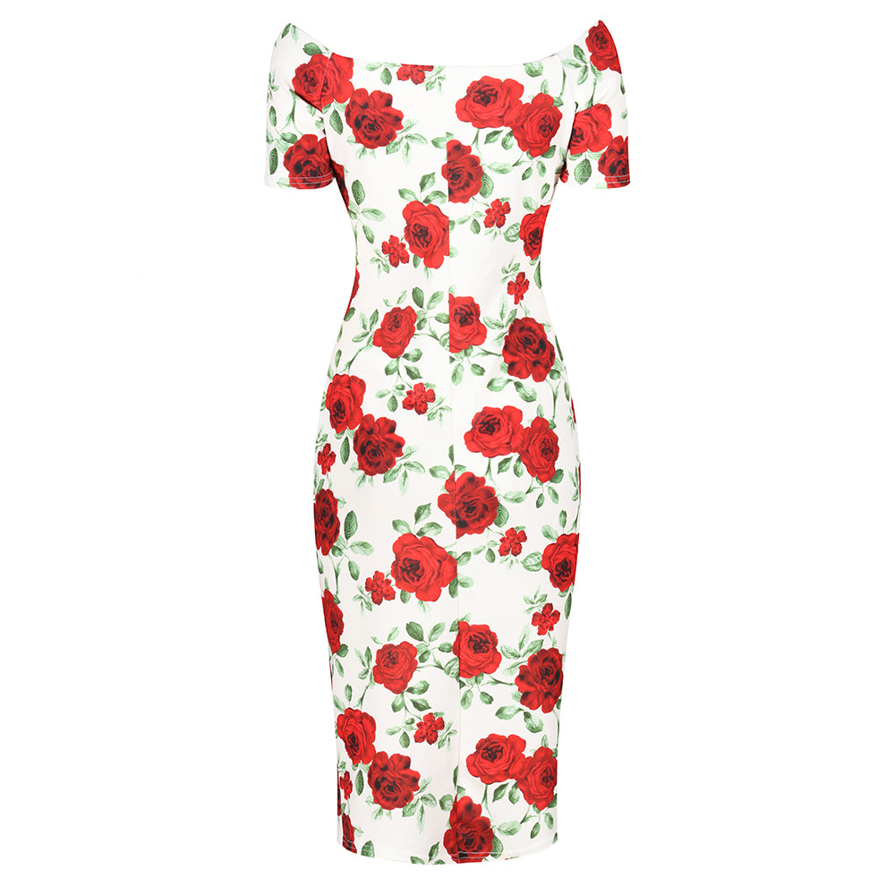White And Red Rose Floral Capped Sleeve Bodycon Wiggle Dress
