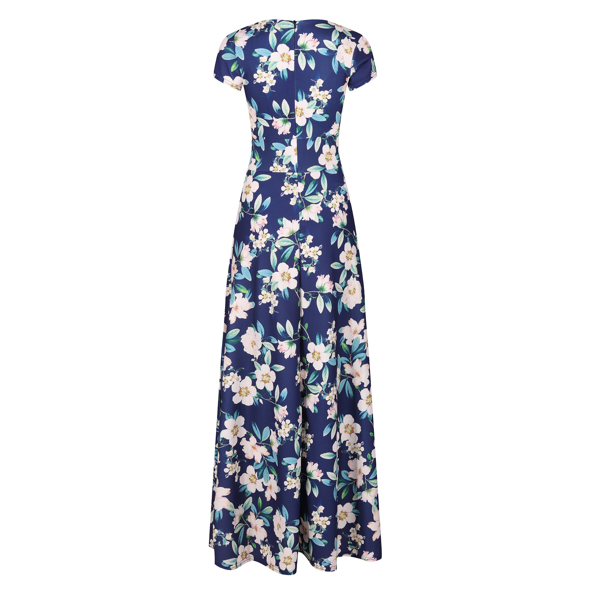 Navy Floral Print Cap Sleeve Wrapover Maxi Dress