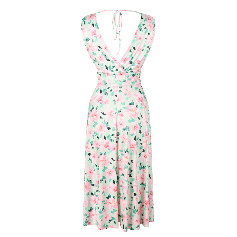 Light Green And Pink Floral Print V Neck Crossover Top Empire Waist Swing Dress