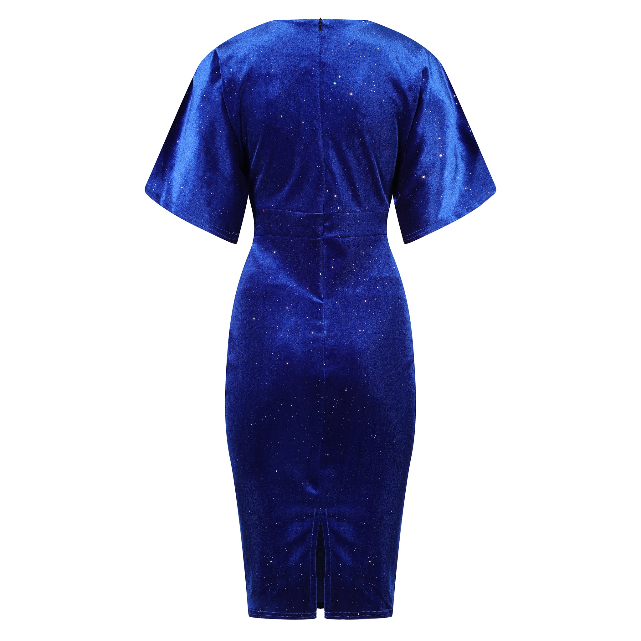 Royal Blue Velour Glitter Sparkle Half Batwing Sleeve Crossover Top Wiggle Dress