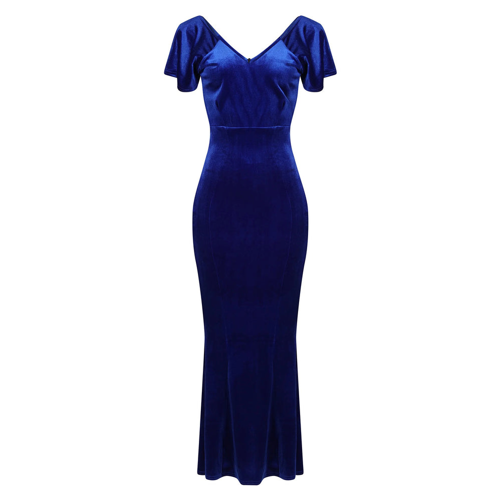 Cobalt Blue V Neck Velour Maxi Dress w/ Fishtail Hem & Waterfall Sleeves