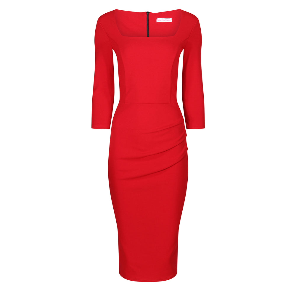 Red 3/4 Sleeve Square Neckline Wiggle Pencil Dress