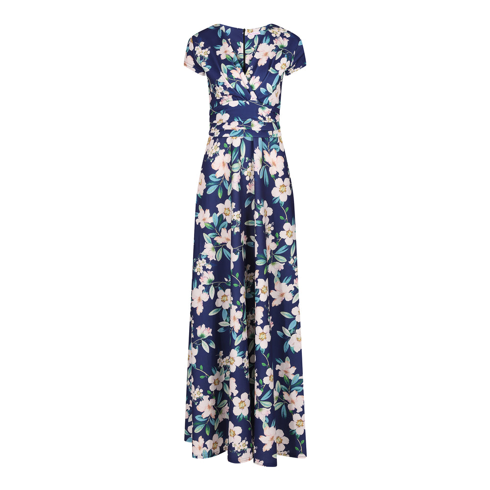 Navy Floral Print Cap Sleeve Wrapover Maxi Dress