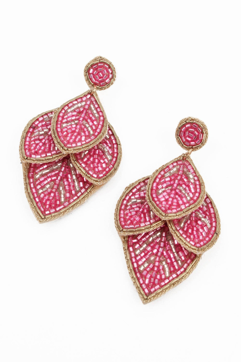 Pink Beaded Leaf Earrings