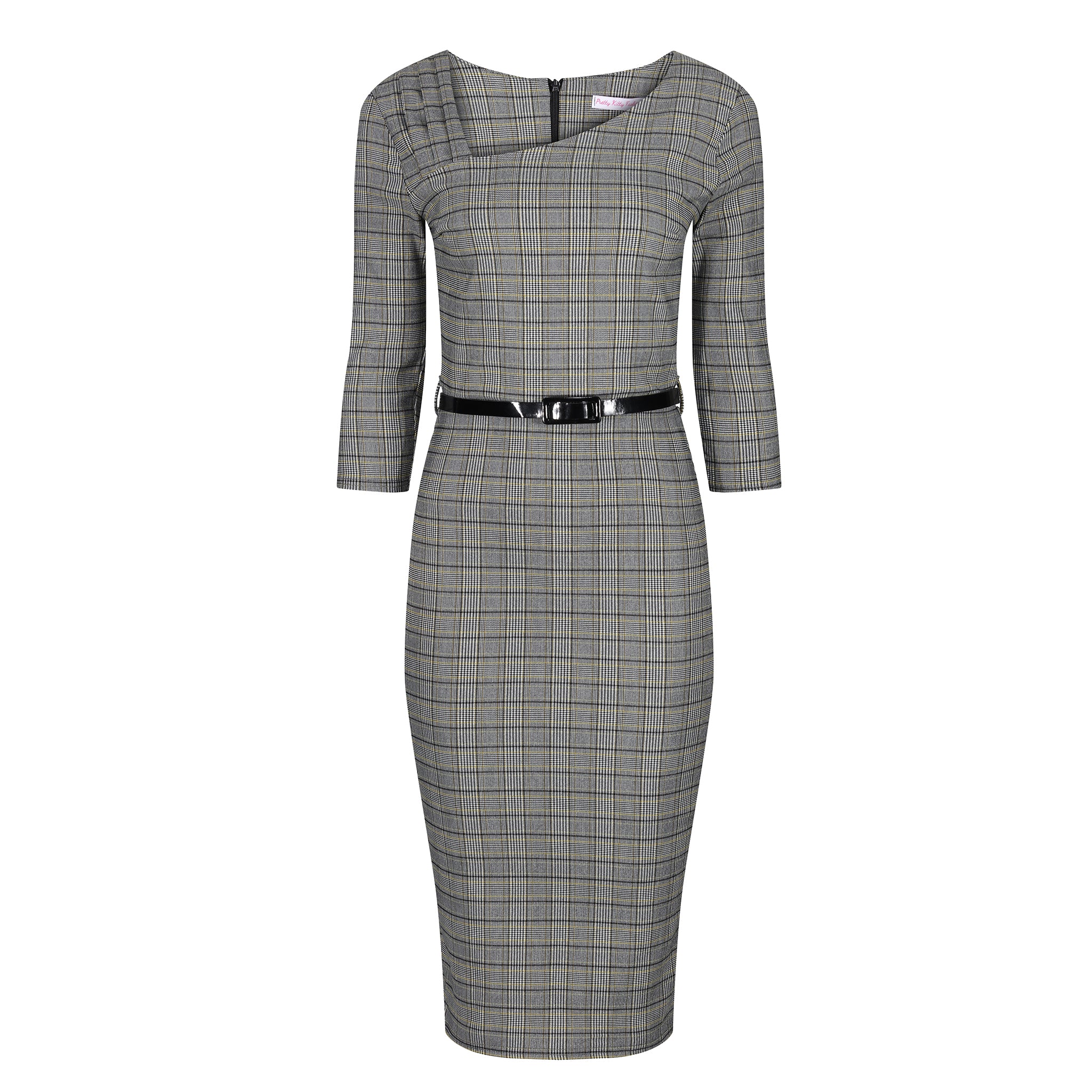 Black White Check Tartan Vintage Belted 3 4 Sleeve Pencil Dress Pretty Kitty Fashion