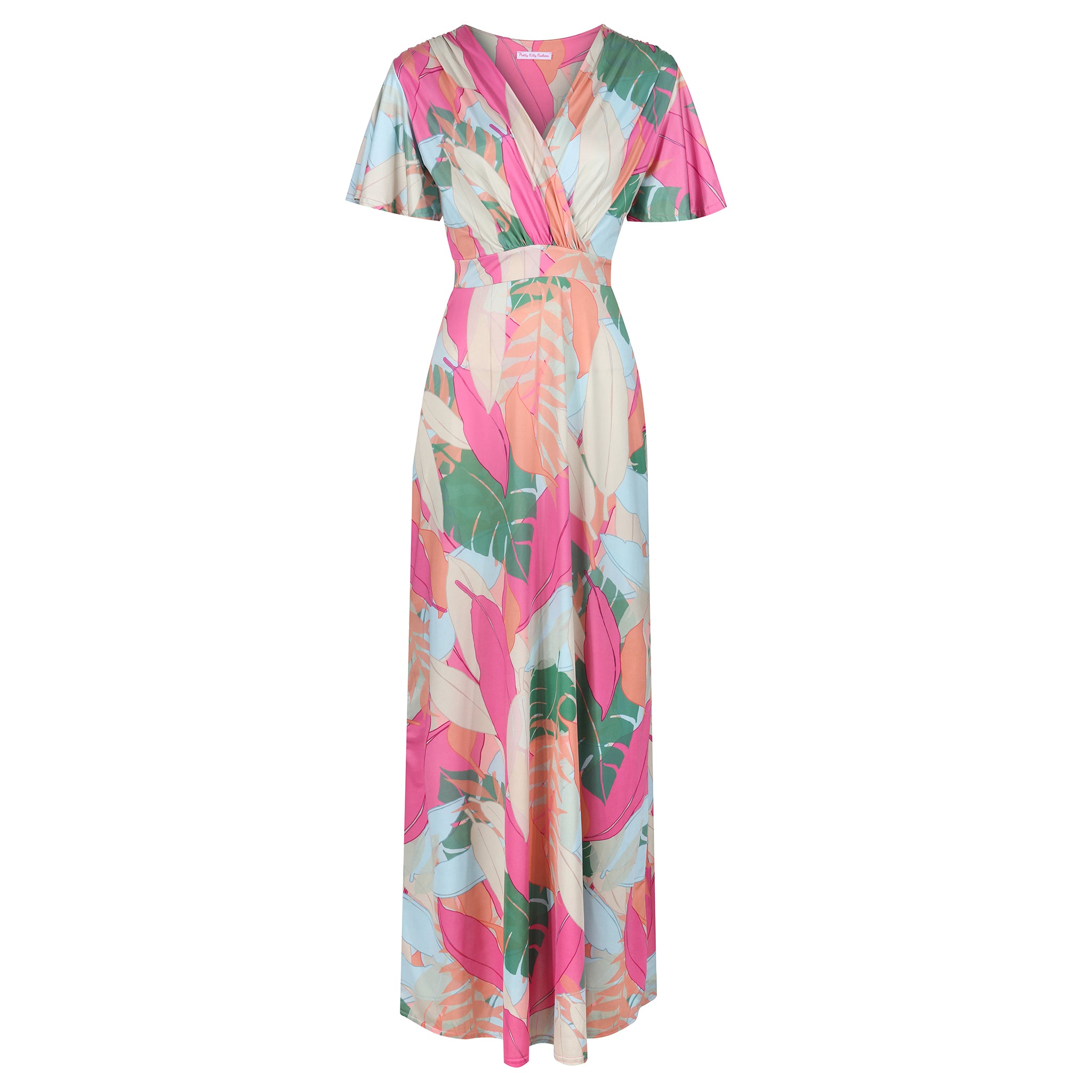 Summer Pastel Leaves Print Waterfall Sleeve Wrapover Maxi Dress