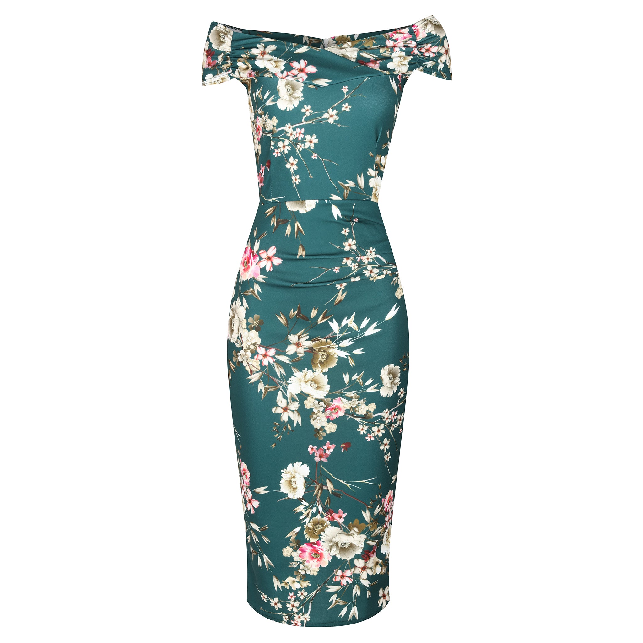 Dark Green Floral Print Wiggle Pencil Dress with Bardot Neckline & Cap Sleeves