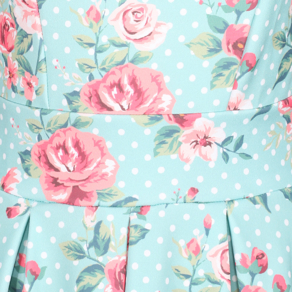 Retro 1950s Light Blue & Pink Floral And Polka Dot Print V Neck Summer Cap Sleeve Tea Dress