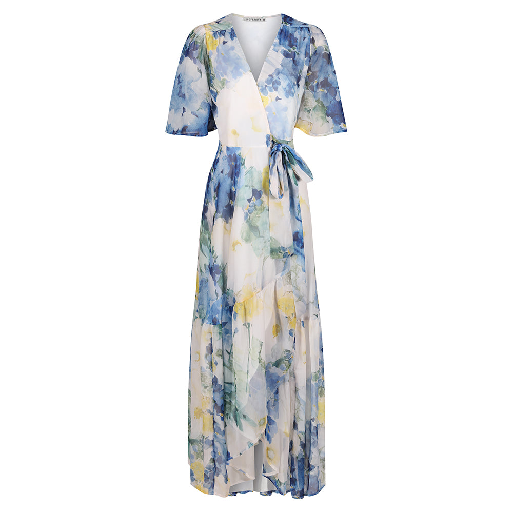Hope & Ivy White & Blue Floral Print Flutter Sleeve Maxi Wrap Dress