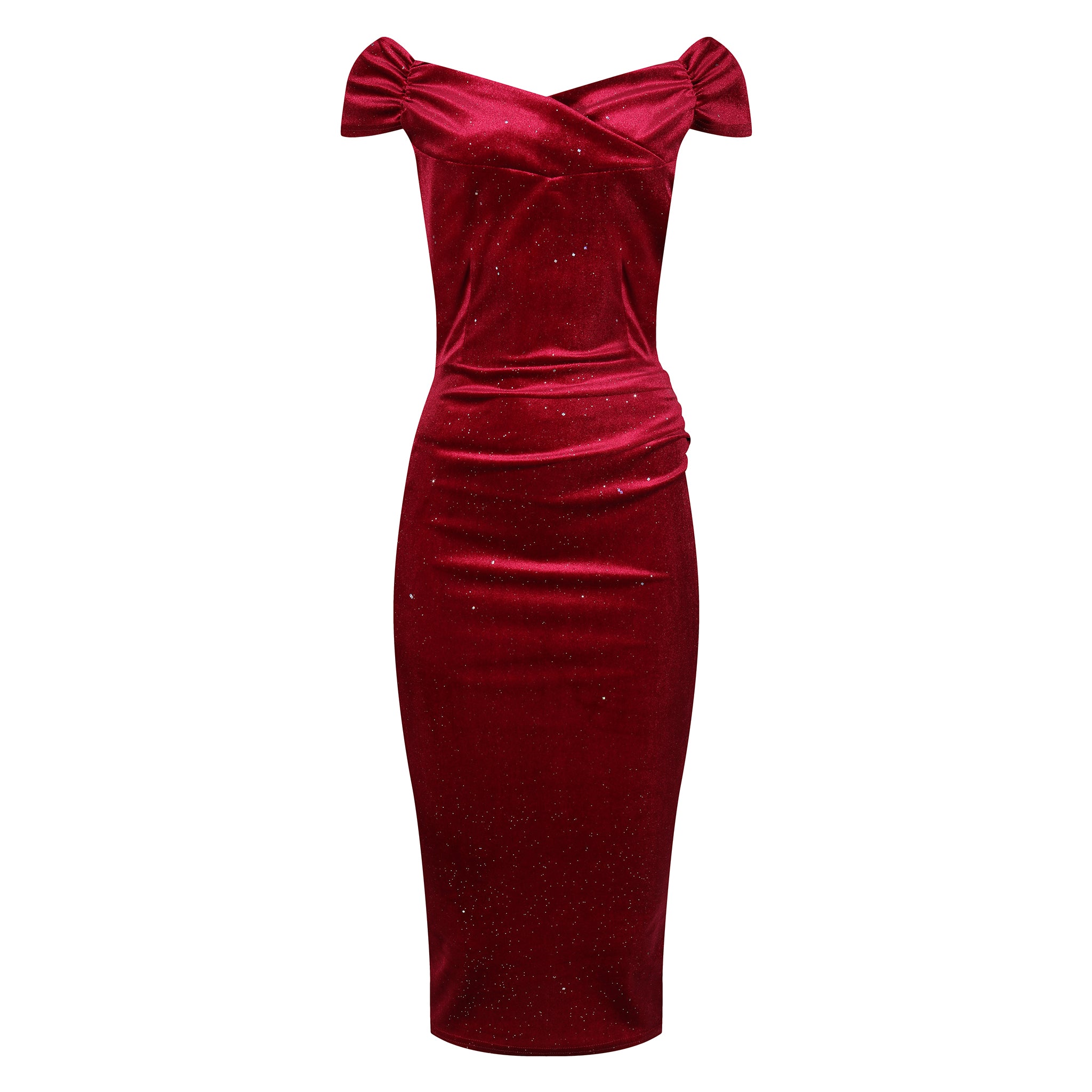 Wine Red Velour Sparkle Cap Sleeve Crossover Top Bardot Wiggle Dress