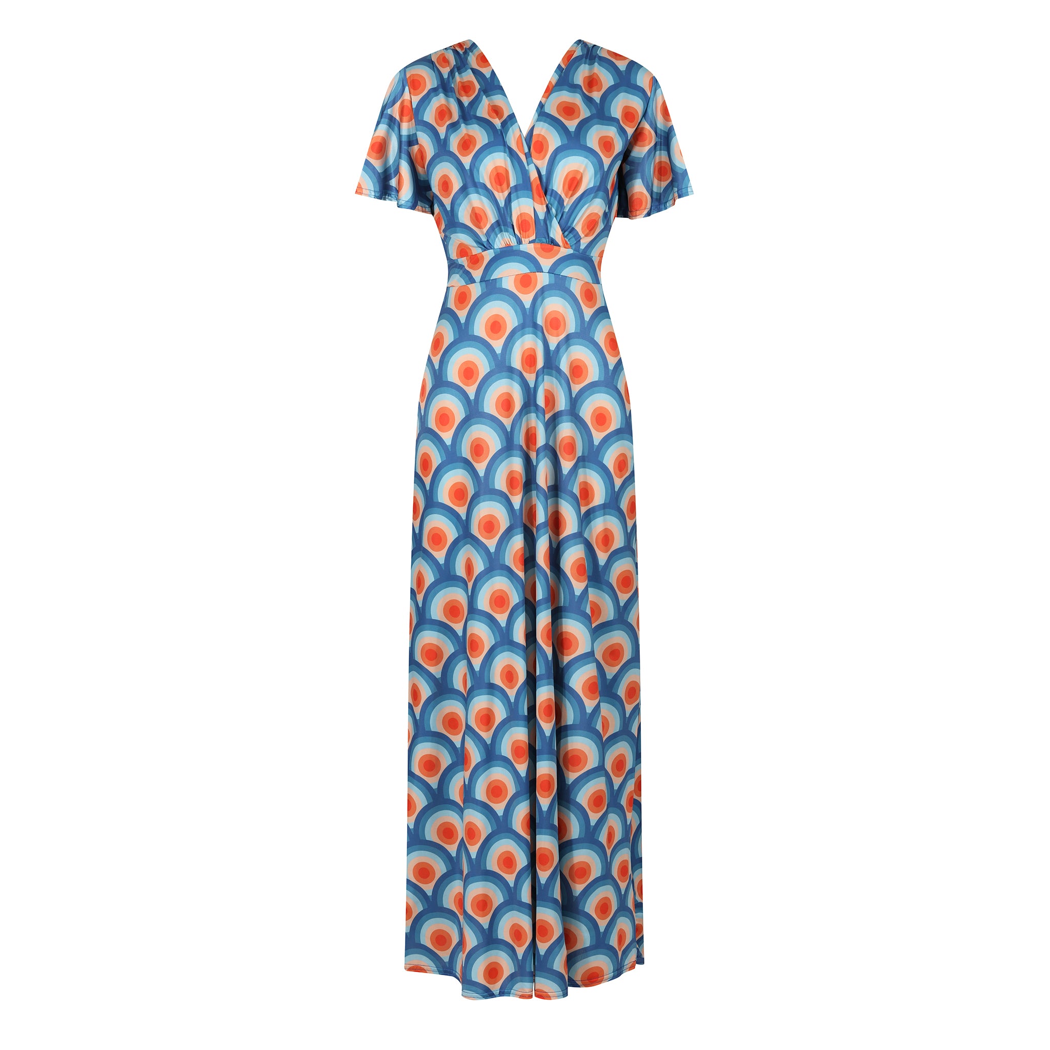 Blue Multi Geometric Print Waterfall Sleeve Wrapover Maxi Dress