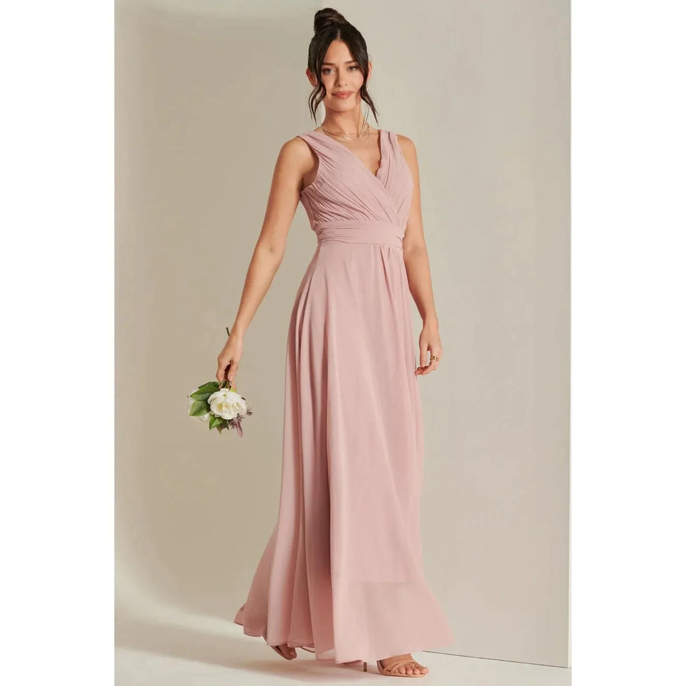 Jolie Moi Mauve Pink V-Neck Pleated Bodice Maxi Dress