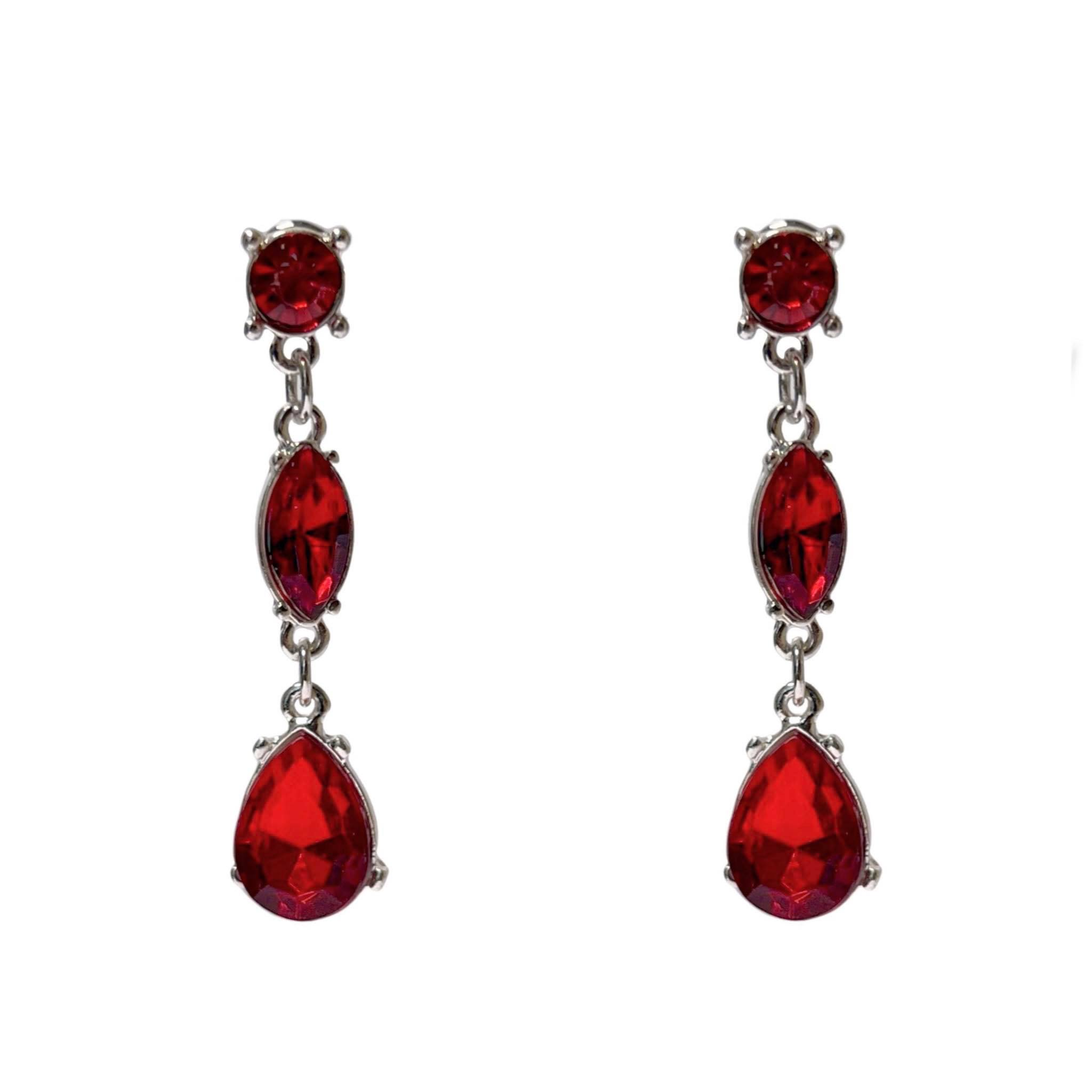 Ruby Red Crystal Silver Drop Clip Vintage Look Earrings
