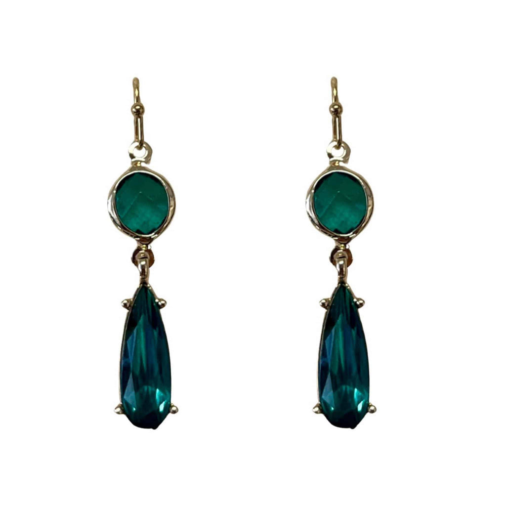 Emerald Green Crystal 2 Stone Vintage Look Gold Earrings