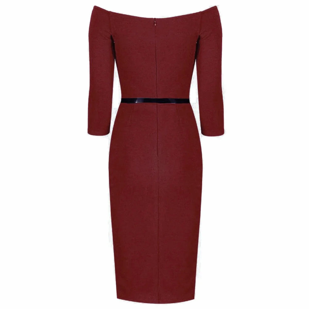 Wine Red Wide V Neck 3/4 Sleeve Vintage Style Belted Pencil Dress