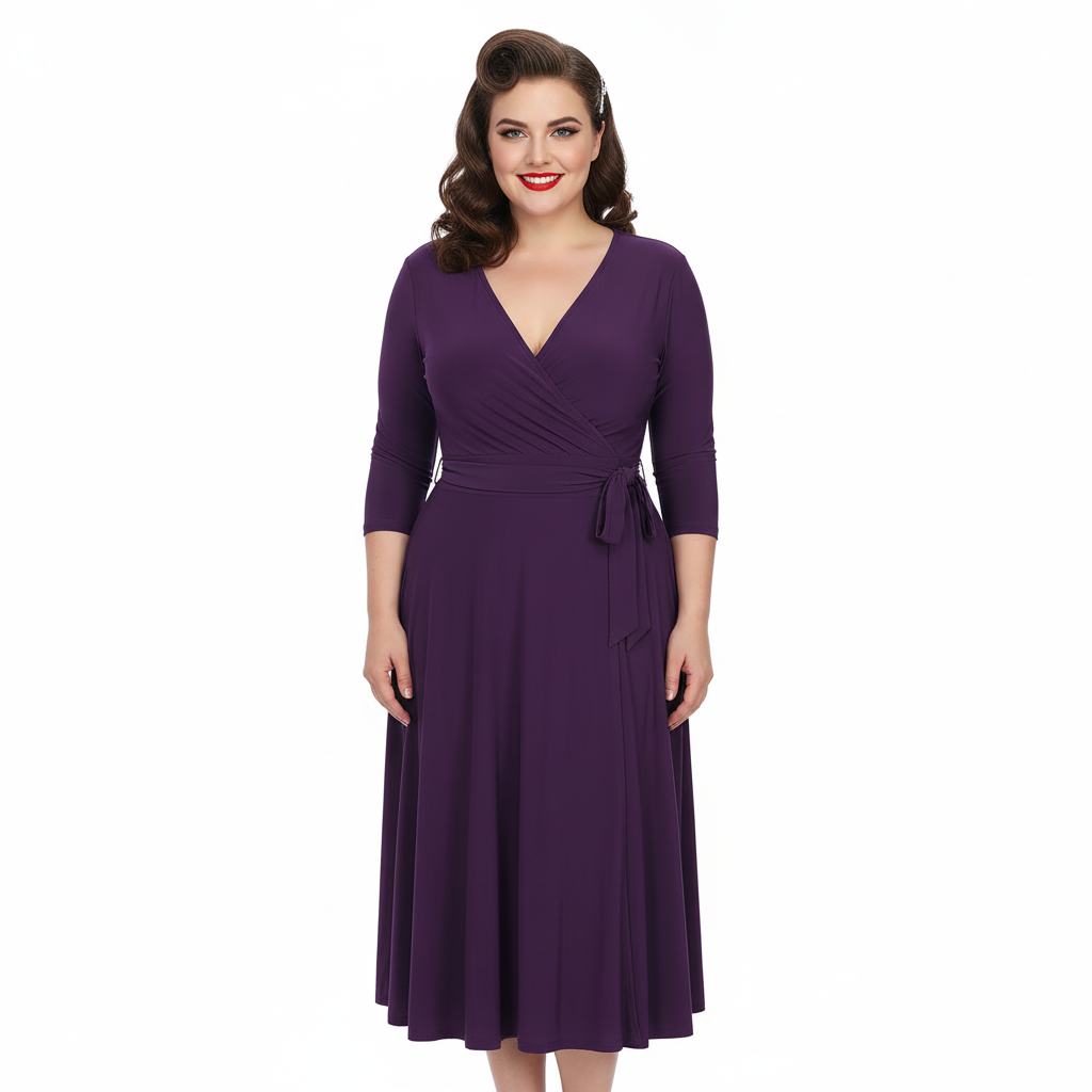 Aubergine Purple 3/4 Sleeve Wrap Top Vintage Swing Dress