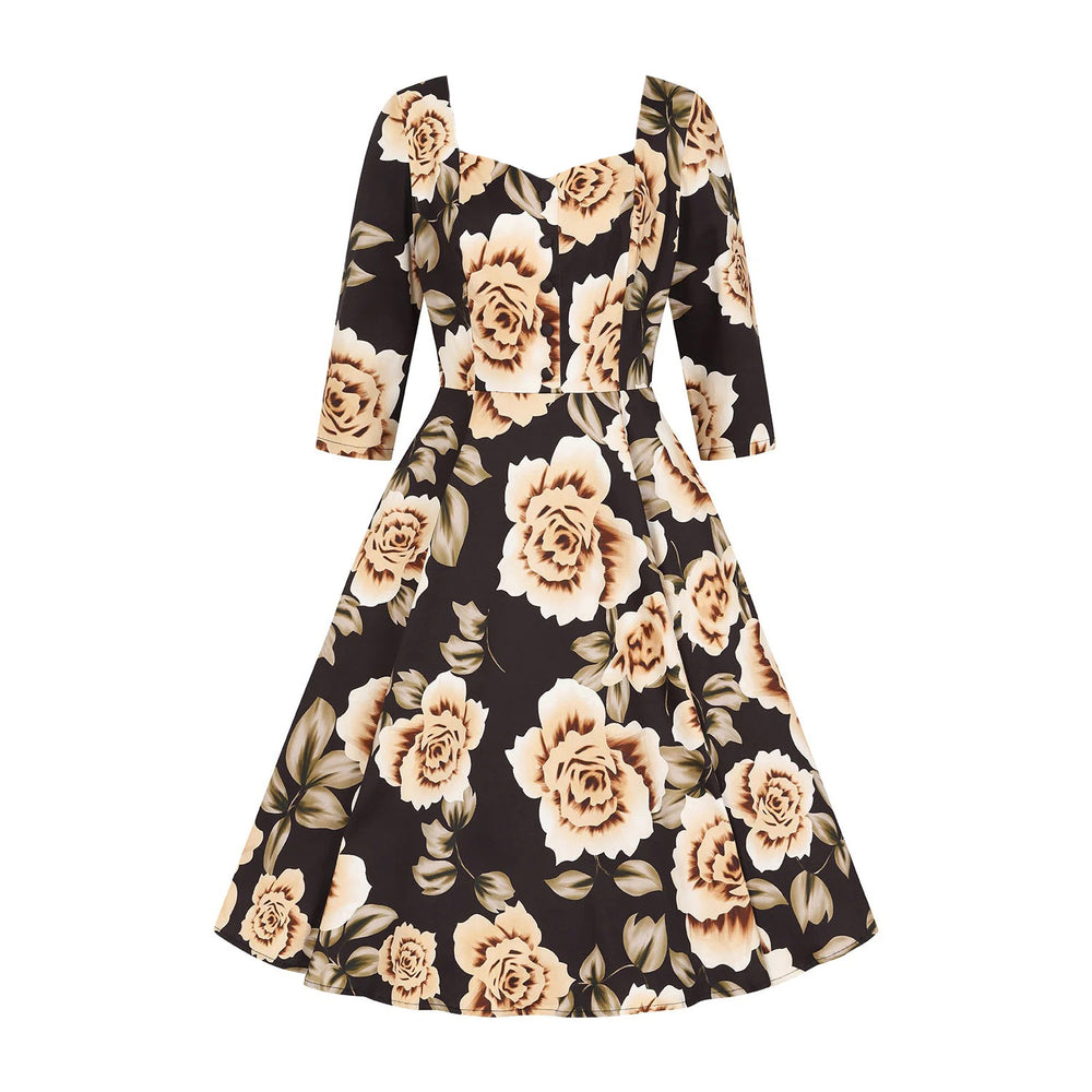 Black With Beige Floral Print 3/4 Sleeve V Neckline 50s Swing Dress With Pockets