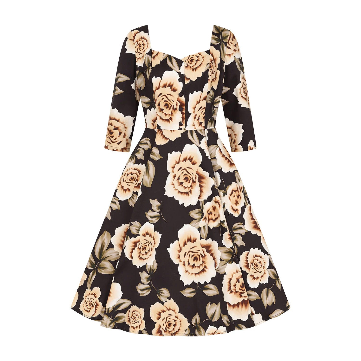 Black With Beige Floral Print 3/4 Sleeve V Neckline 50s Swing Dress With Pockets