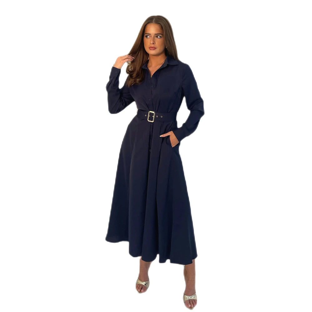 Navy Blue Detail Long Sleeve Maxi Shirt Dress