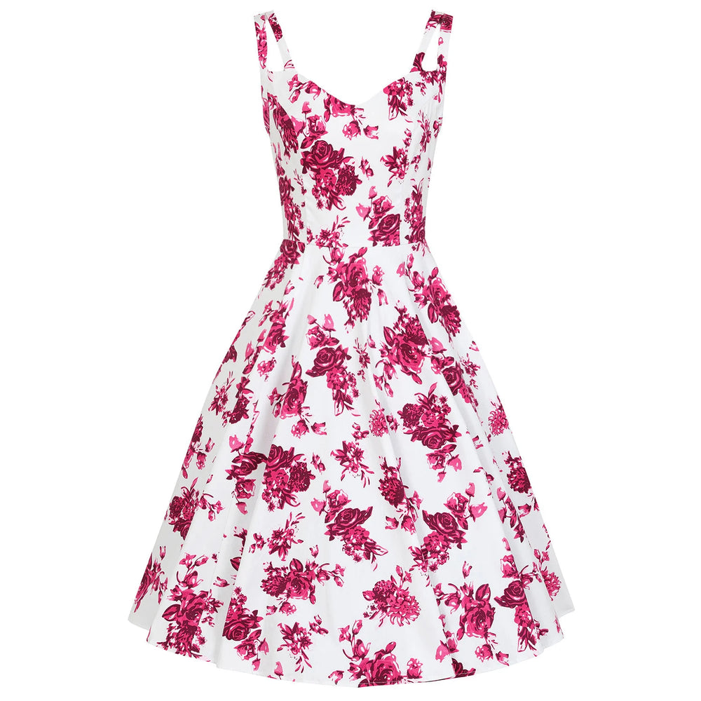 White And Summer Blossom Pink Floral Rockabilly Sleeveless 50s Swing Dress