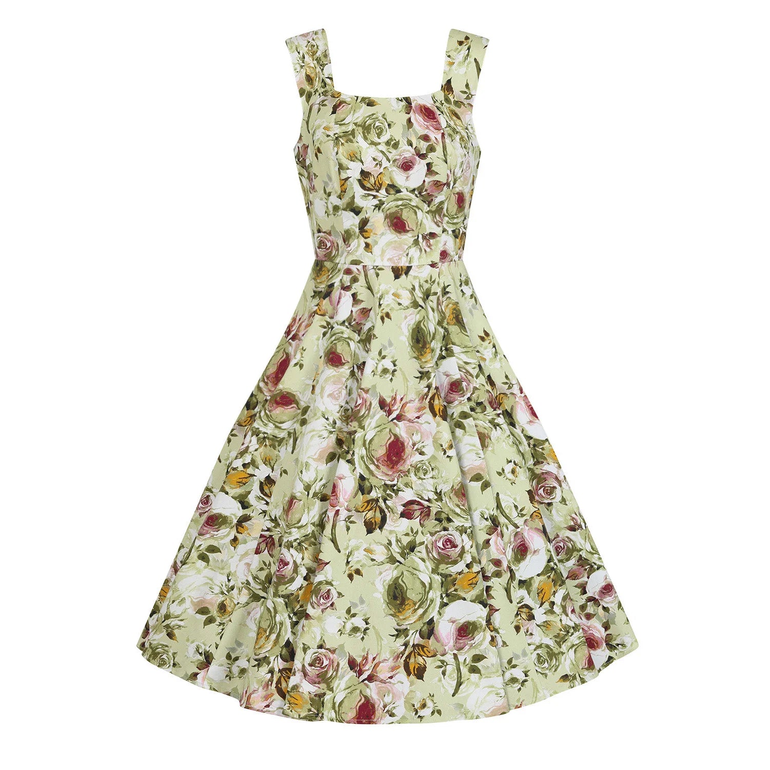 Green Multi Coloured Rose Floral Rockabilly 50s Swing Dress