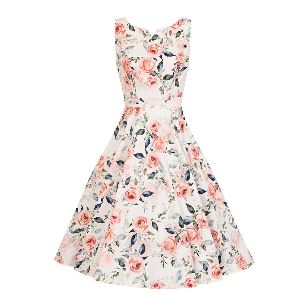 Soft Pink Floral Rockabilly Sleeveless 50s Audrey Swing Dress