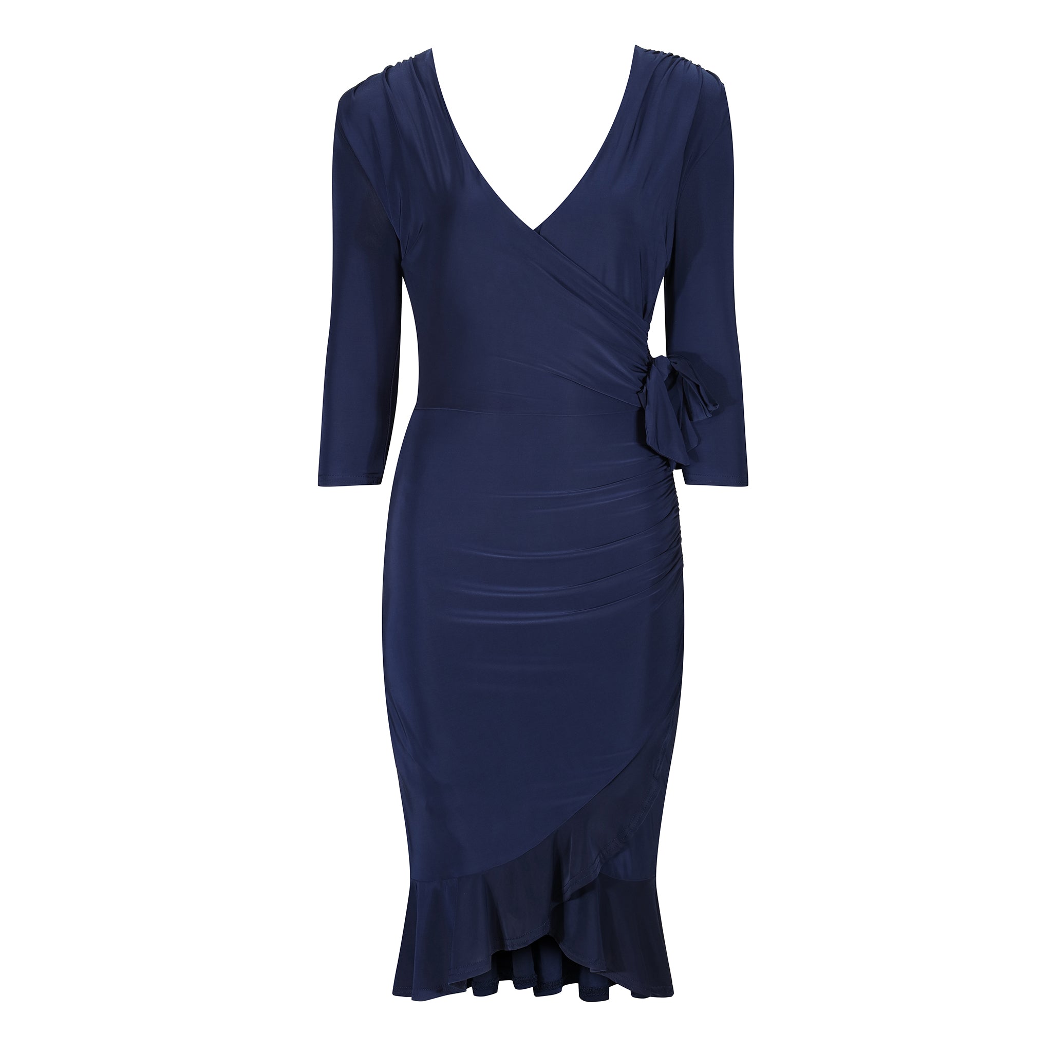Navy Blue Wrap Effect Cocktail Dress w/ Waterfall Peplum Hem & 3/4 Sleeves