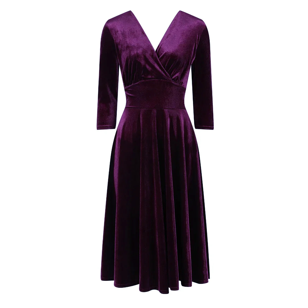 Purple Velour Deep V Wrap 3/4 Sleeve Swing Dress