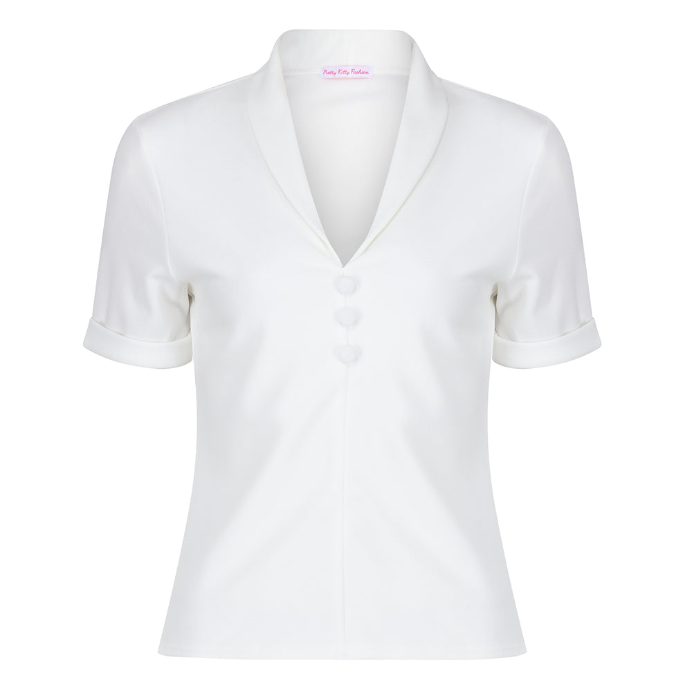 Ivory Button-down Short Sleeve Blouse with V-neck Collar