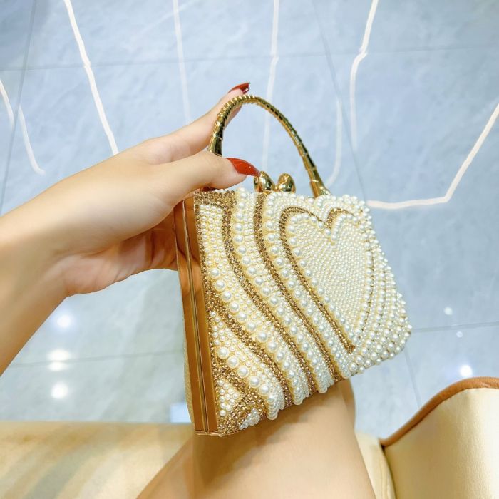 Pearl & Gold Heart Evening Clutch Handbag
