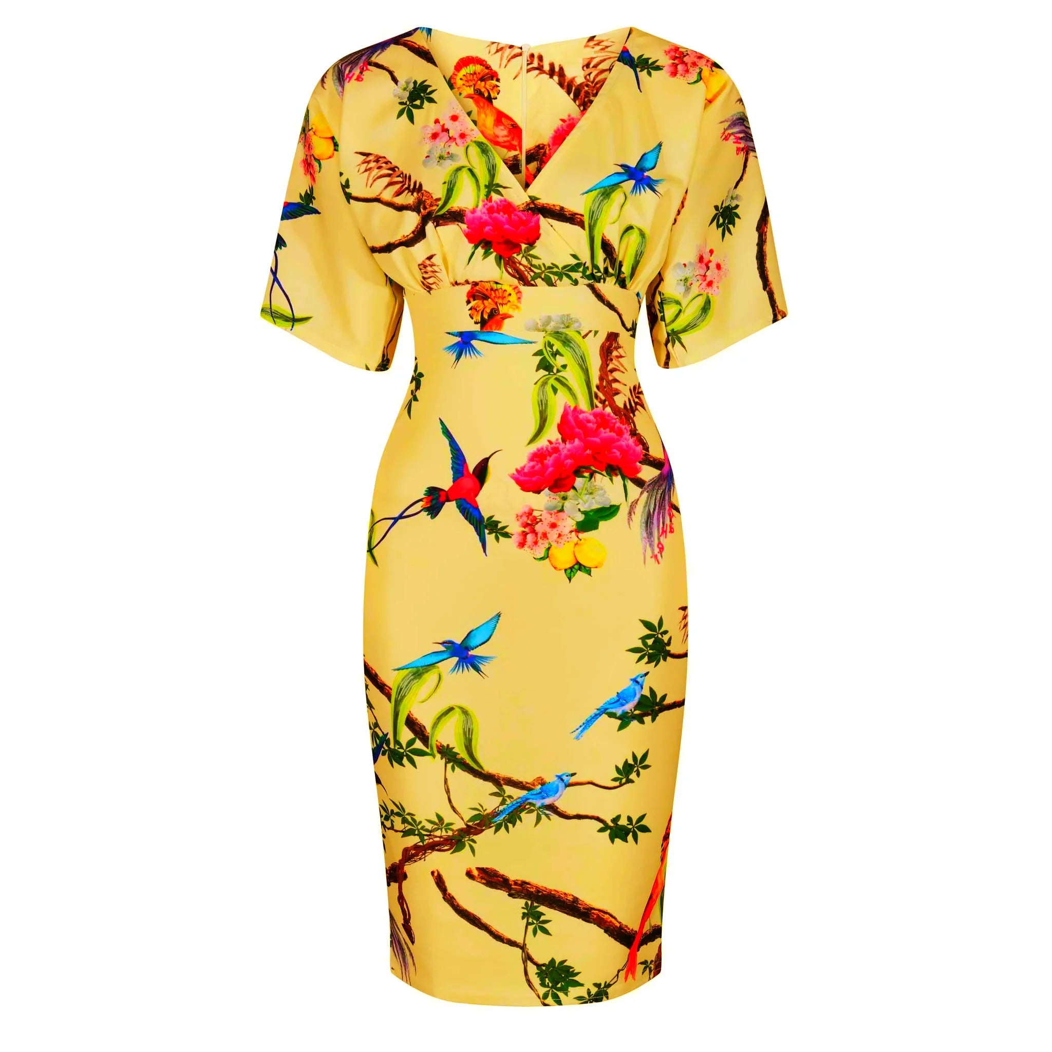 Honey Yellow Floral Bird Half Batwing Sleeve Crossover Top Pencil Dress